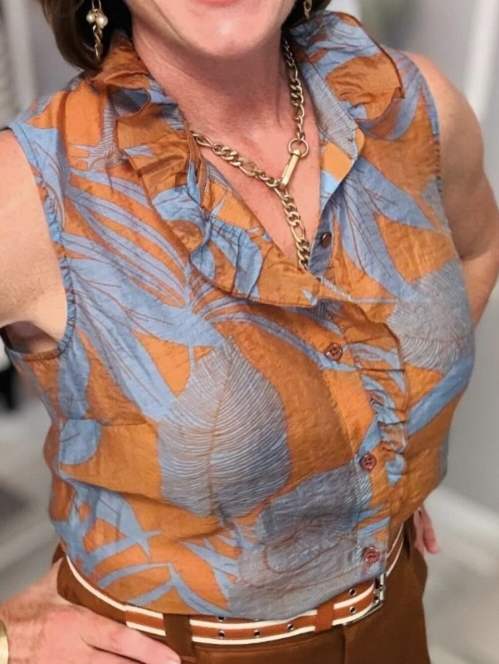 Cabi Sleeveless Tropical Palm Print Ruffle Collar Button-Front Blouse #6525 - XL